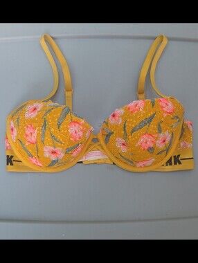 PINK by Victoria's Secret Yellow Floral Date Push Up Lace Bra Size 34D